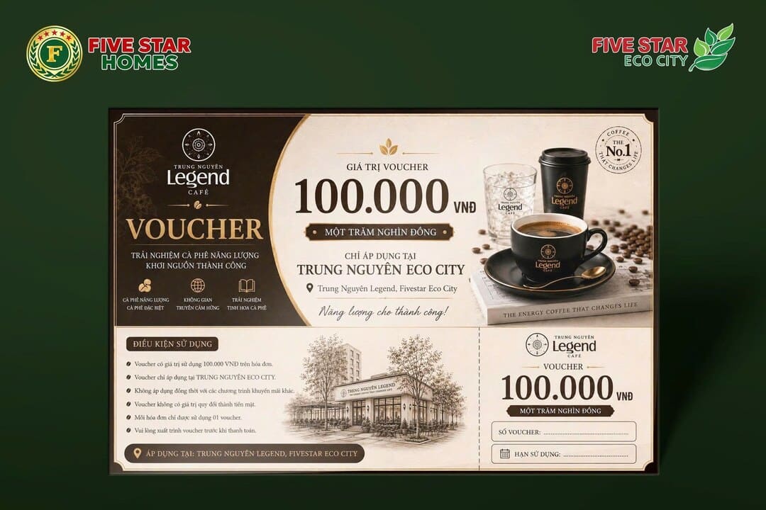 Combo 02 voucher ẩm thực và thức uống cao cấp tại Trung Nguyên Legend thuộc đại đô thị Five Star Eco City