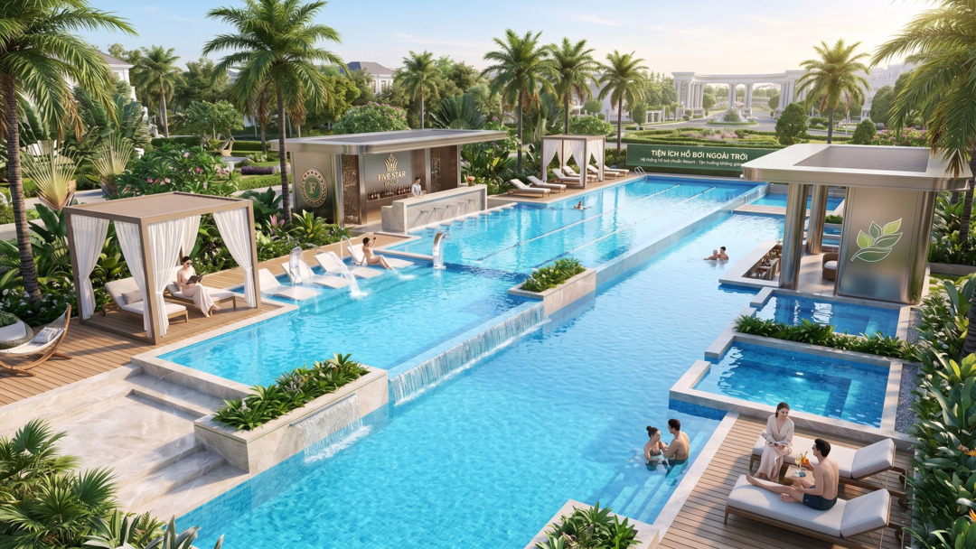 Hệ thống hồ bơi khoáng ngoài trời thiết kế tràn bờ hiện đại tại Five Star Eco City